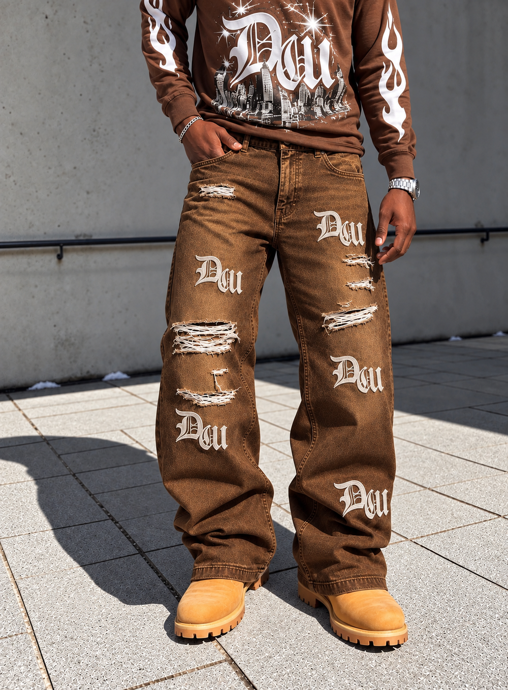 Brown Worldwide Distressed Denim Jeans