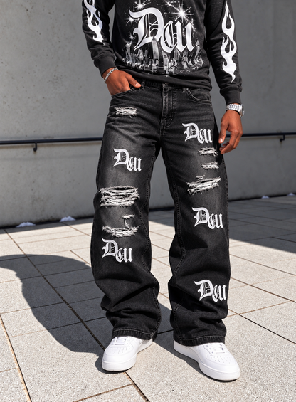 Black Worldwide Distressed Denim Jeans