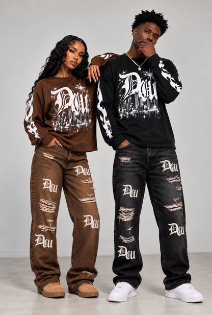 Black Worldwide Distressed Denim Jeans